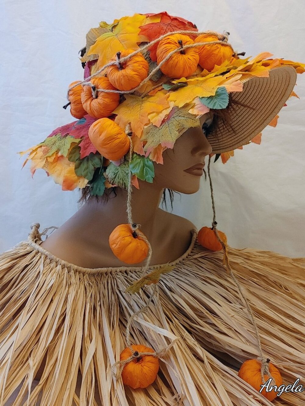 NWT Handcrafted Autumn Pumpkin Queen Statement Straw Hat Fall Leaves Halloween C